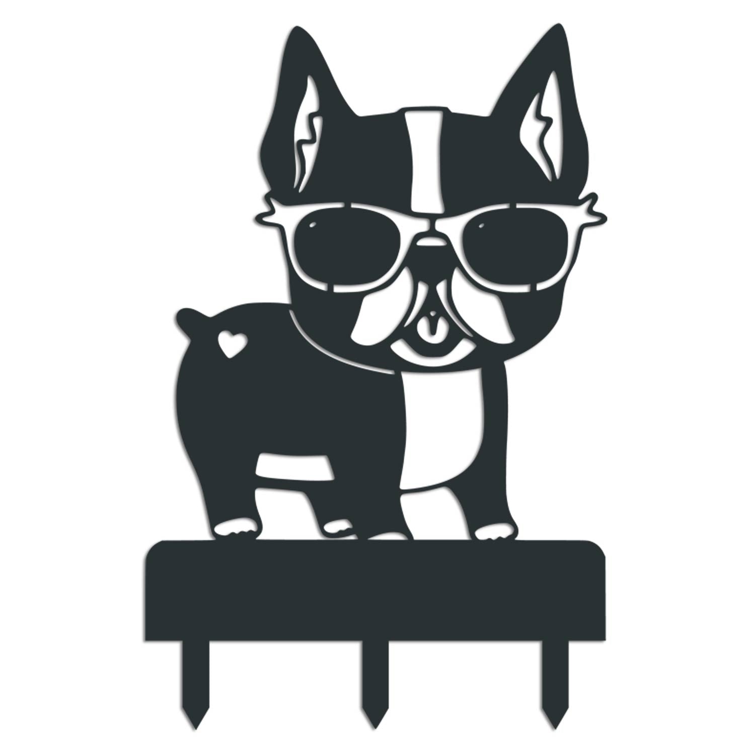 Anthrazitfarbener Gartenstecker aus V2A Edelstahl in Form einer französischen Bulldogge mit Sonnenbrille – personalisierbar mit Wunschtext.
