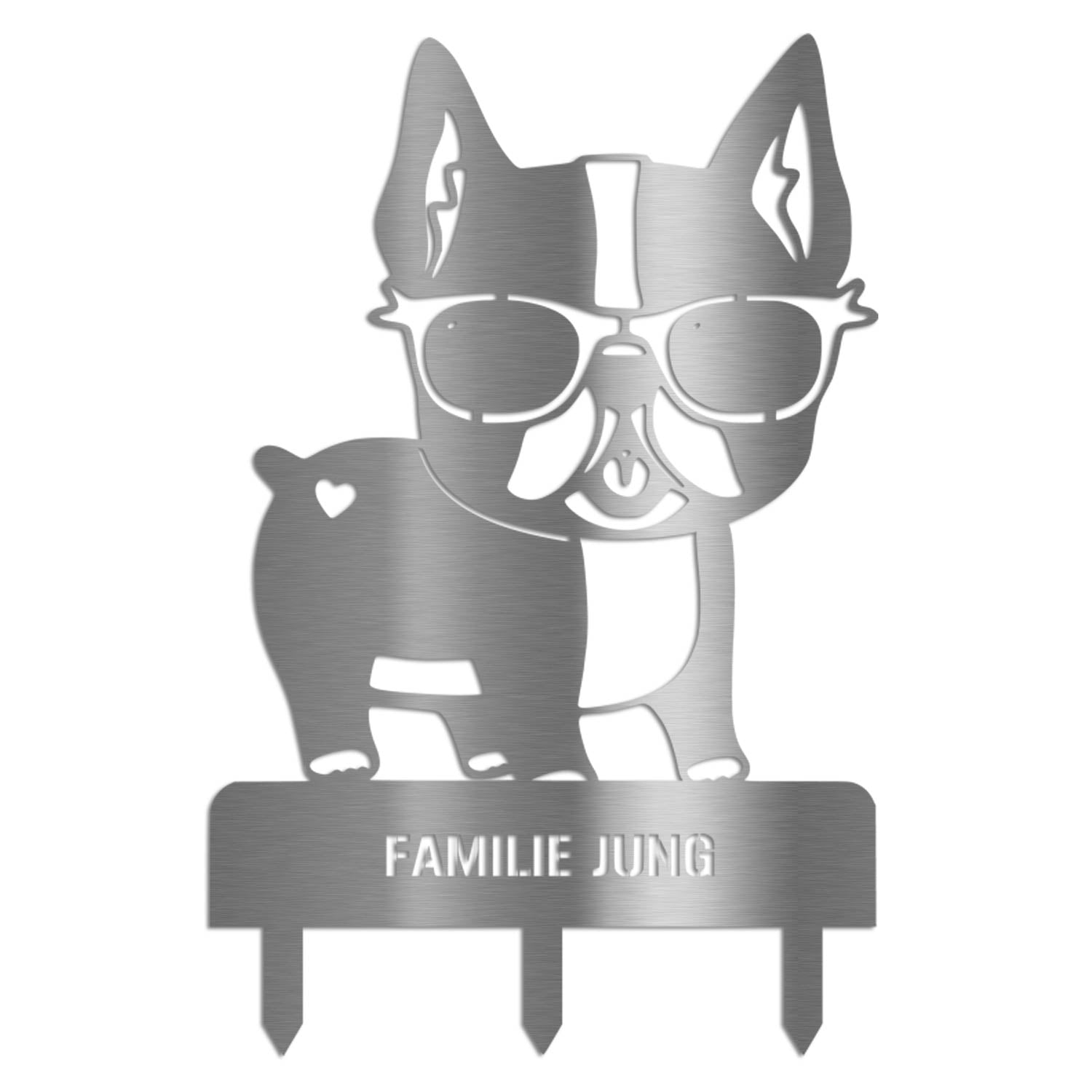 Gartenstecker in Bulldoggenform mit Sonnenbrille und Familienname „Familie Jung“ aus V2A Edelstahl – auch in Schwarz, Weiß oder Anthrazit erhältlich.
