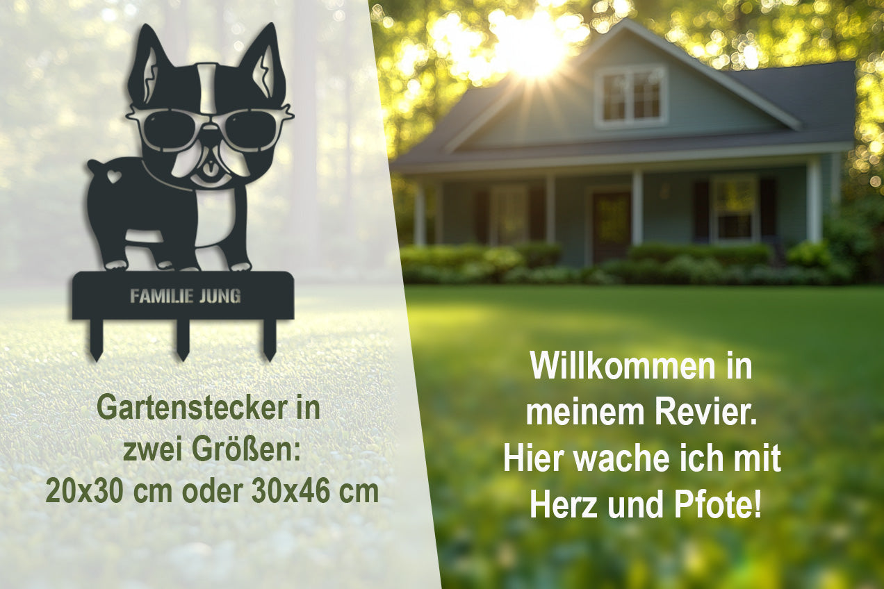 Gartenstecker aus schwarzem Edelstahl in Bulldoggenform mit Sonnenbrille und dem Text „Familie Jung“ – personalisierbar, wetterfest, witzige Begrüßung für den Vorgarten.
