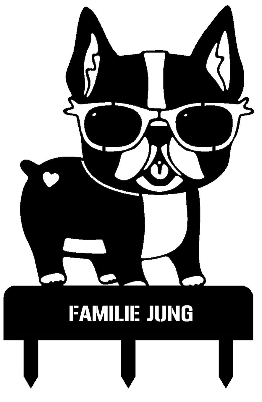 Schwarzer Gartenstecker aus V2A Edelstahl in Form einer französischen Bulldogge mit Sonnenbrille – individuell personalisierbar mit Wunschtext.

