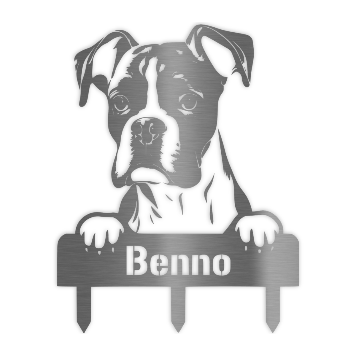 Gartenstecker Hund Benno aus V2A Edelstahl mit personalisiertem Namensschild
