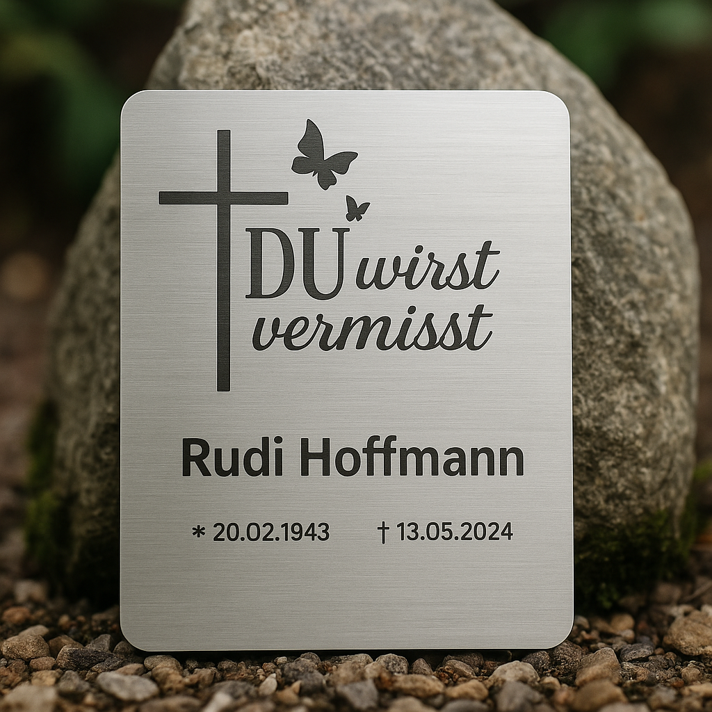 Gedenktafel aus V2A Edelstahl mit Gravur „DU wirst vermisst“ – montiert auf einem Stein mit Schmetterlingen und Kreuz
