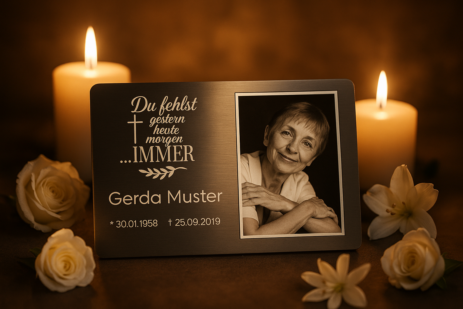 Gedenktafel aus Edelstahl mit Gravur, Foto, weißen Rosen und Kerzen im Hintergrund – stilvolle Trauerdekoration