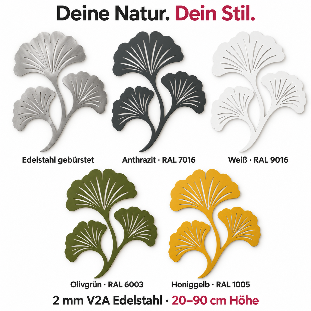 Ginkgo Wanddeko – fünf Oberflächen: Edelstahl, Anthrazit, Weiß, Olivgrün und Honiggelb