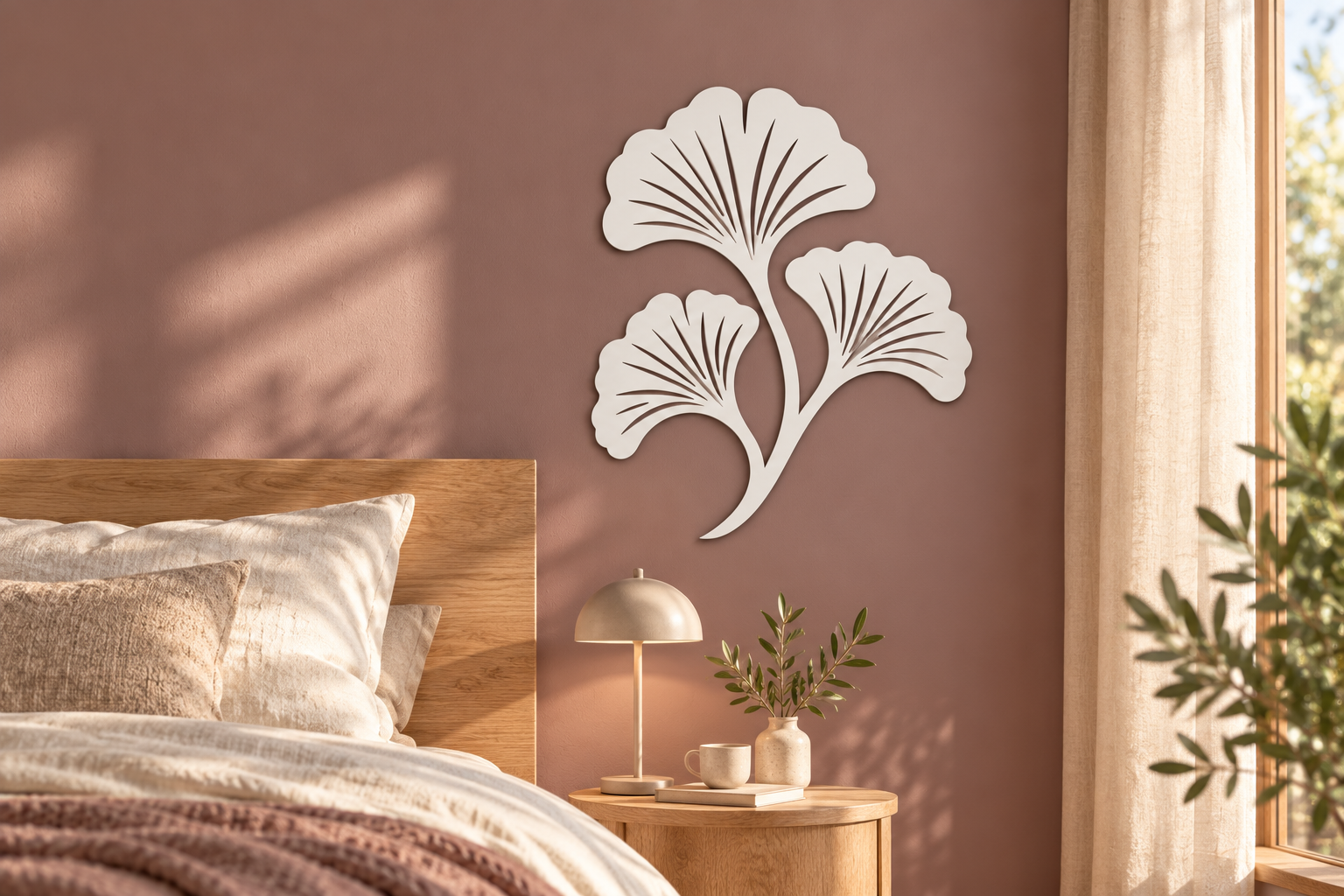 Weiße Ginkgo Wanddeko mit drei Blättern im Schlafzimmer an einer mauvefarbenen Wand