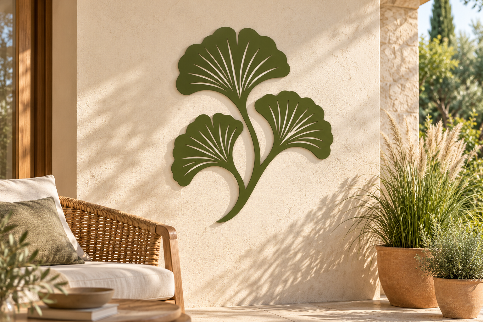 Olivgrüne Ginkgo Wanddeko aus Edelstahl an einer hellen Terrassenwand
