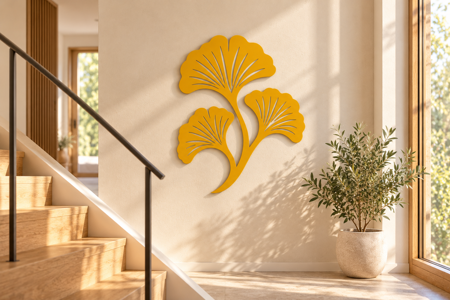 Große Ginkgo Wanddeko in Honiggelb an einer hellen Wand im Treppenbereich