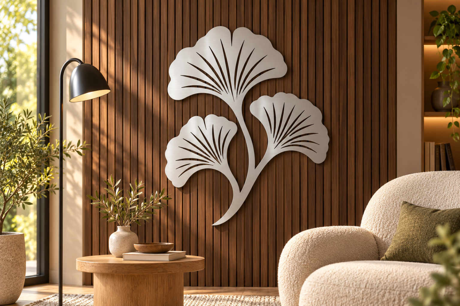 Ginkgo Wanddeko aus gebürstetem Edelstahl vor einer dunklen Holzlamellenwand im Wohnbereich