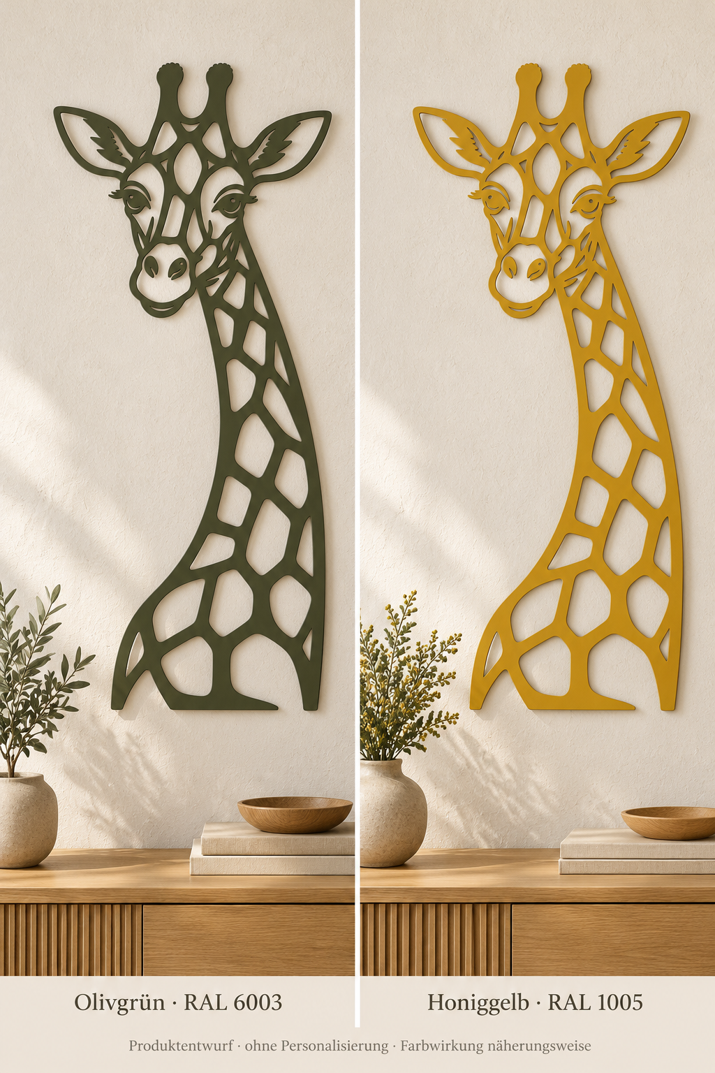 Gestaltungsentwurf einer Giraffe aus V2A Edelstahl in Olivgrün RAL 6003 und Honiggelb RAL 1005, ohne Personalisierung