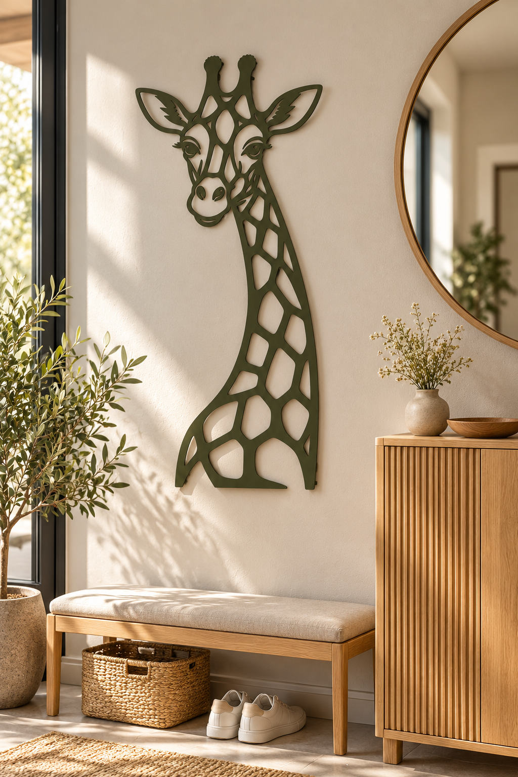 Giraffe Wanddekoration aus 2 mm V2A Edelstahl, Olivgrün im Eingangsbereich – Gestaltungsansicht