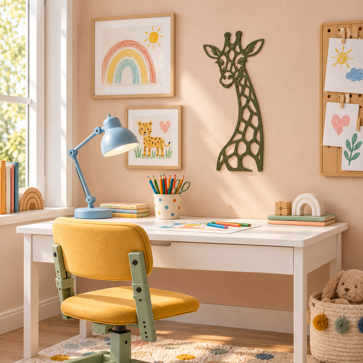 Giraffe in Olivgrün über einem Kinderschreibtisch an einer pfirsichfarbenen Wand – Gestaltungsansicht