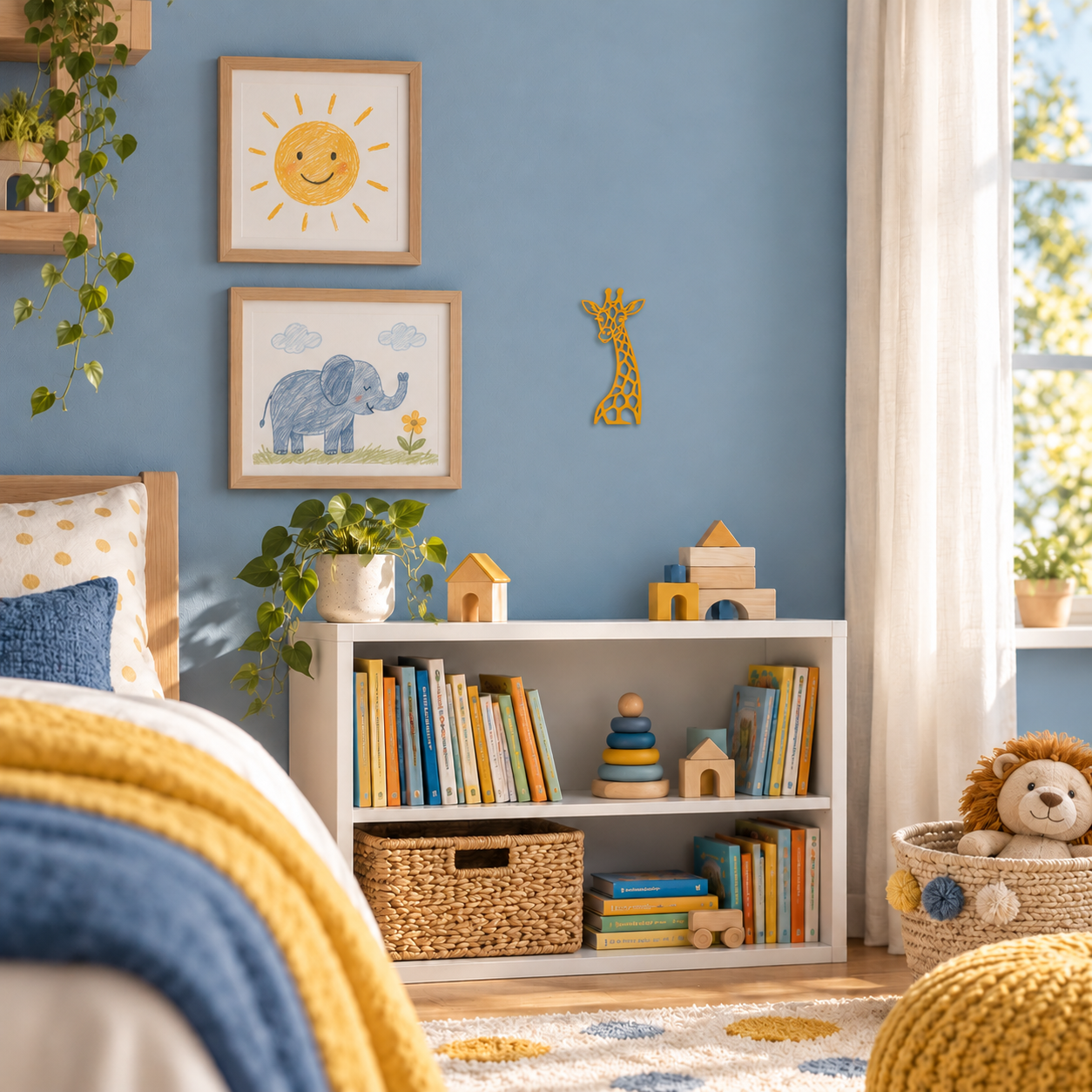 Kleine Giraffe in Honiggelb an blauer Kinderzimmerwand neben Kinderzeichnungen – Gestaltungsansicht