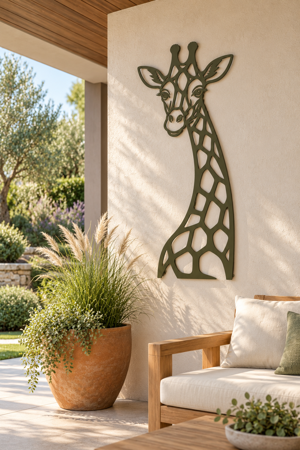 Giraffe Wanddekoration aus 2 mm V2A Edelstahl, Olivgrün auf einer geschützten Terrasse – Gestaltungsansicht
