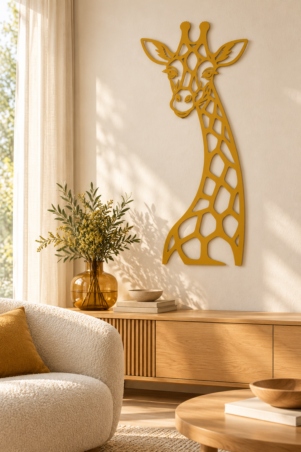 Giraffe Wanddekoration aus 2 mm V2A Edelstahl, Honiggelb im Wohnbereich – Gestaltungsansicht