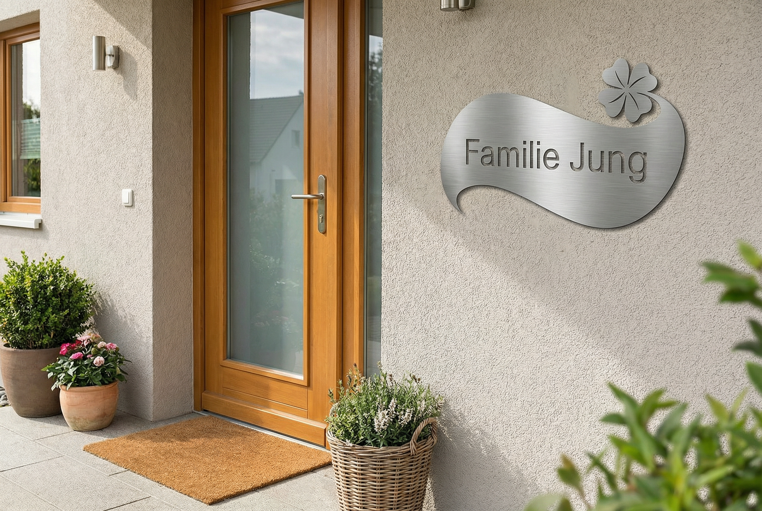 Glückskleeblatt Türschild aus gebürstetem V2A Edelstahl mit Namensgravur