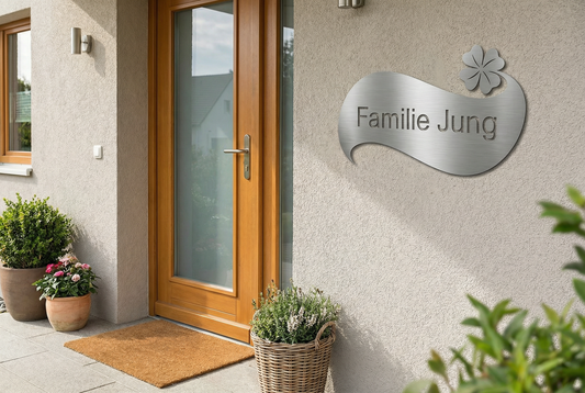 Glückskleeblatt Türschild aus gebürstetem V2A Edelstahl mit Namensgravur