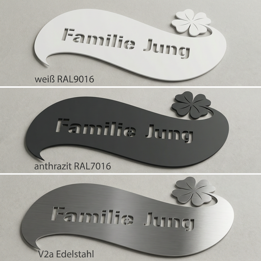 Edelstahl Türschild Glückskleeblatt personalisiert - Detailansichten V2A Edelstahl Collage