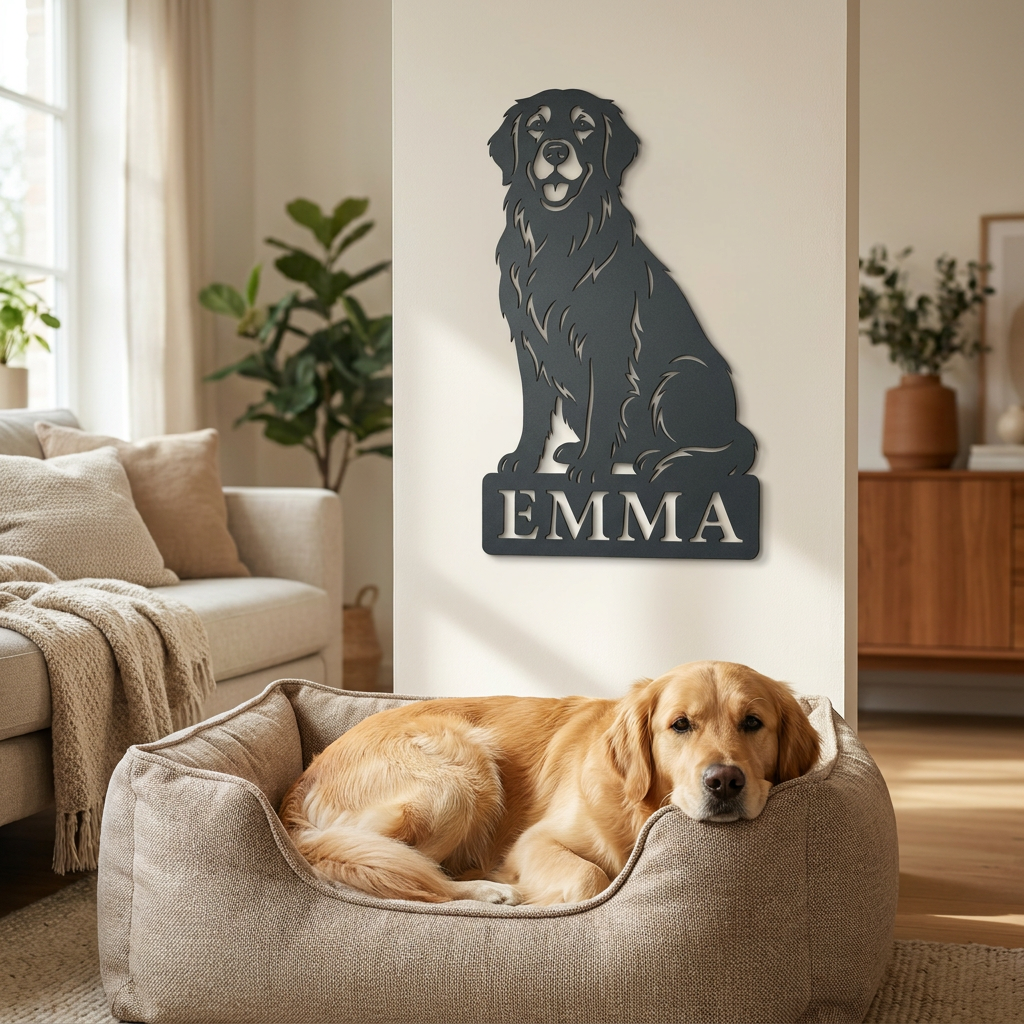 Personalisiertes Golden Retriever Namensschild Emma in Anthrazit im Wohnbereich mit Golden Retriever