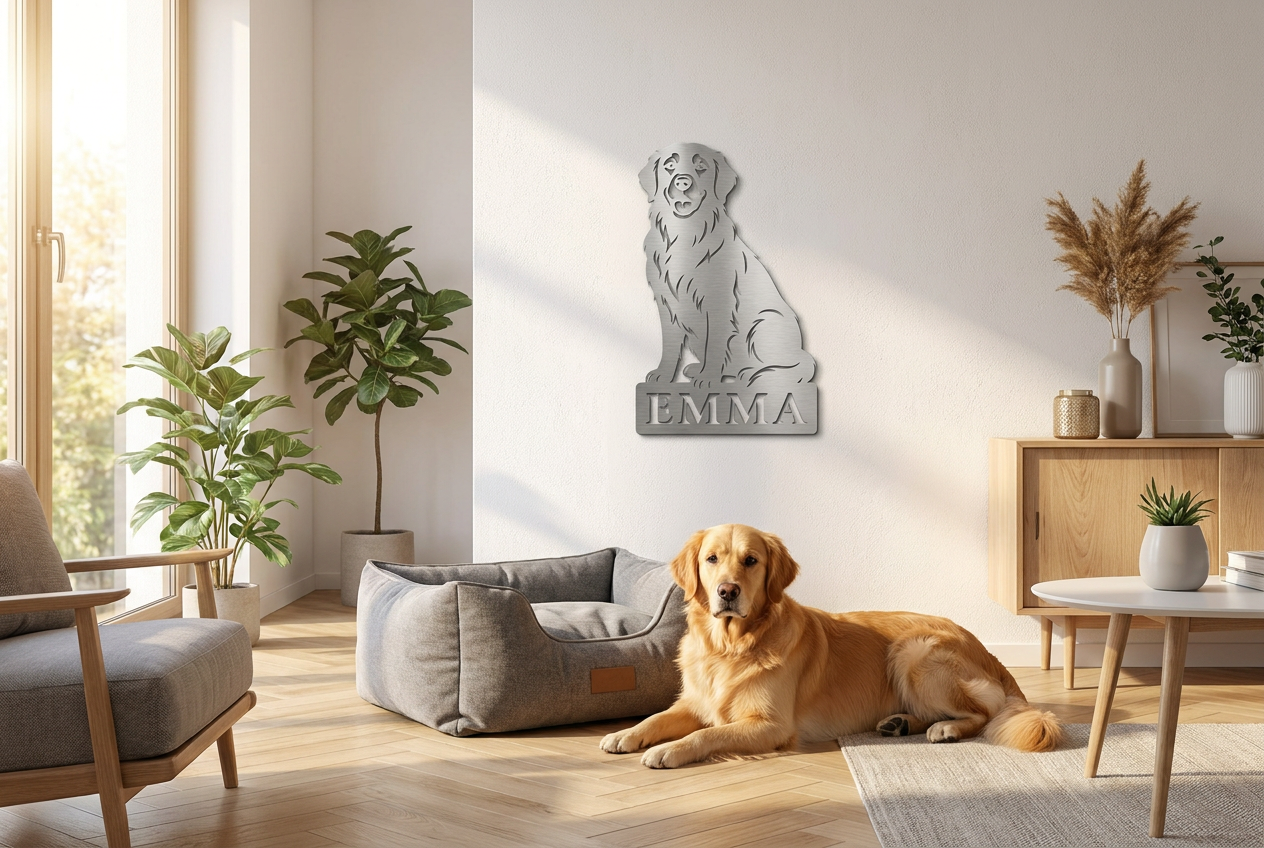 Golden Retriever Namensschild Emma aus V2A Edelstahl als Wanddeko im Wohnbereich
