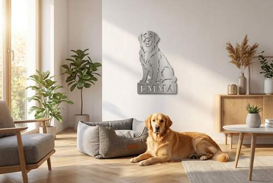 Golden Retriever Namensschild Emma aus V2A Edelstahl als Wanddeko im Wohnbereich