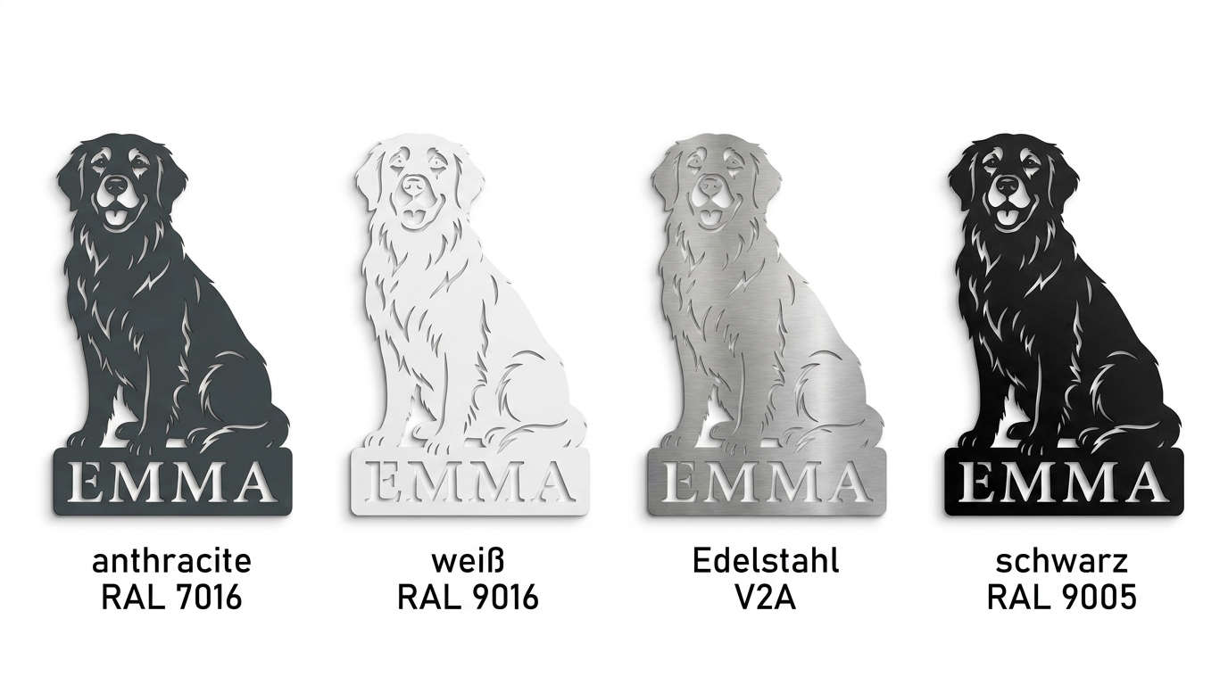 Golden Retriever Namensschild Emma in Anthrazit RAL 7016, Weiß RAL 9016, V2A Edelstahl und Schwarz RAL 9005