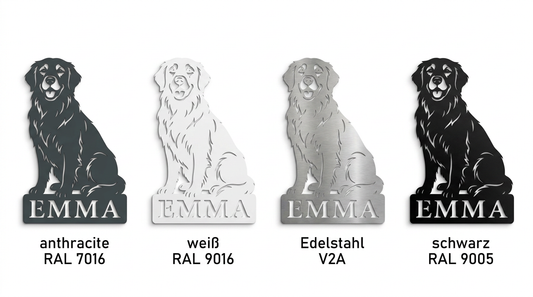 Golden Retriever Namensschild Emma in Anthrazit RAL 7016, Weiß RAL 9016, V2A Edelstahl und Schwarz RAL 9005