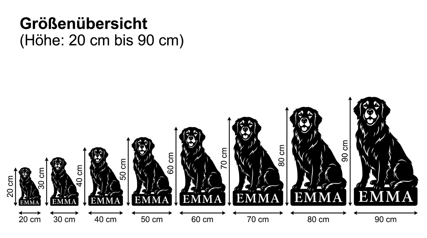 Größenübersicht für personalisiertes Golden Retriever Namensschild von 20 bis 90 cm Höhe