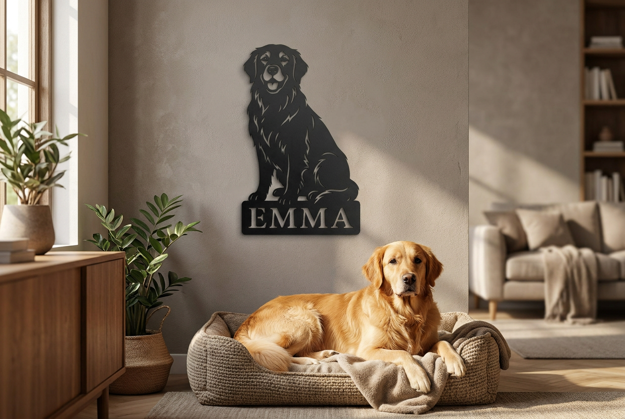 Personalisiertes Golden Retriever Namensschild Emma in Schwarz als Wanddeko mit Golden Retriever