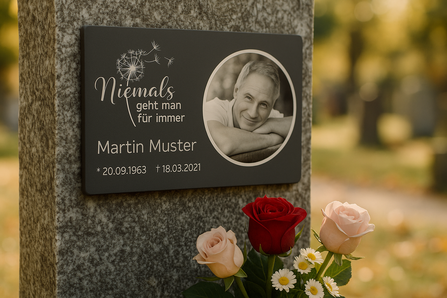 Grabtafel aus Edelstahl mit Gravur, Foto von Martin Muster, Spruch und Blumen am Grabstein