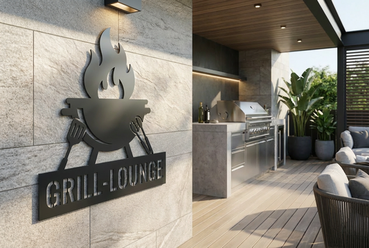 Grillschild in Anthrazit an moderner Outdoor-Wand mit Text Grill-Lounge, perfekt für Terrasse und Grillplatz.