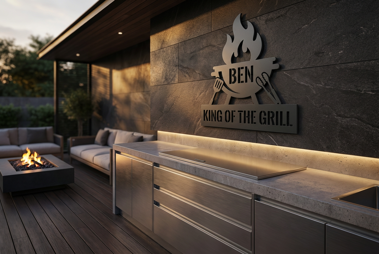 Grillschild in Anthrazit mit Name Ben und King of the Grill in eleganter Outdoor-Lounge bei Abendlicht.