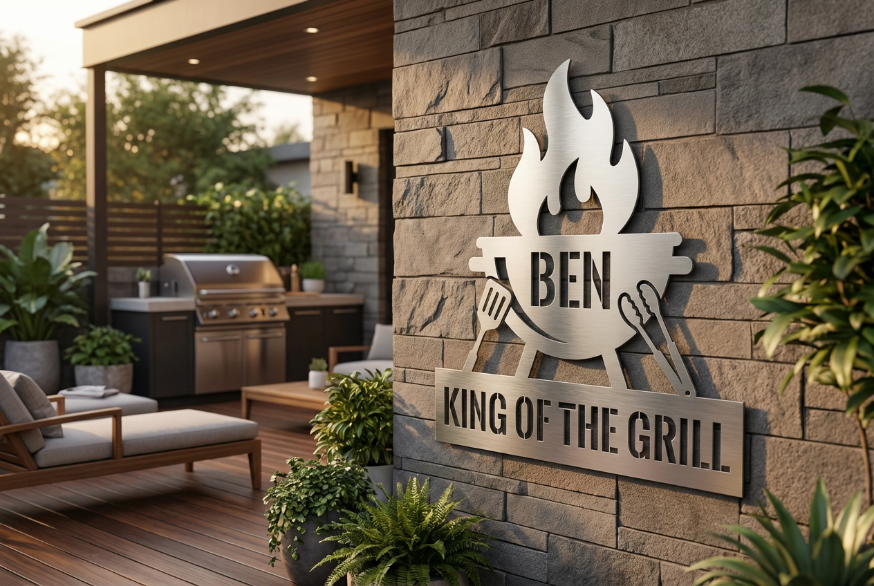 Grillschild aus V2A Edelstahl mit Name Ben und King of the Grill an einer modernen Steinwand.