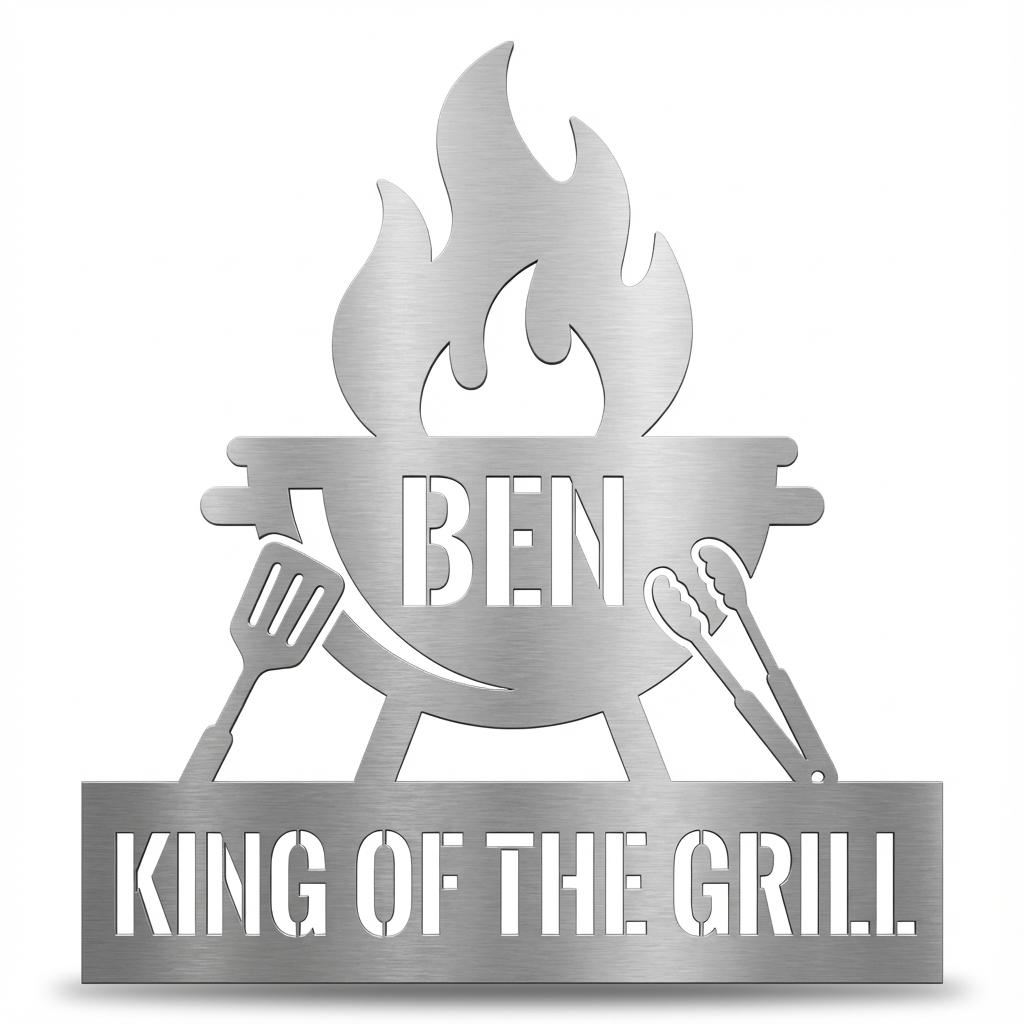 Freigestelltes Grillschild aus echtem V2A Edelstahl mit Name Ben und graviertem Text King of the Grill.