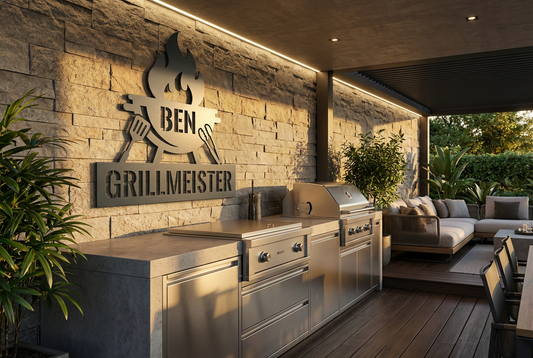 Grillschild aus V2A Edelstahl mit Name Ben und Text Grillmeister in moderner Outdoor-Küche.