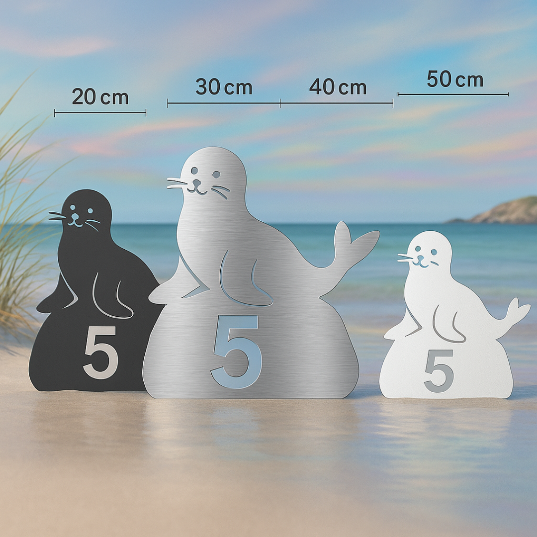 Größenvergleich: Seehund-Hausnummer aus V2A Edelstahl in 20, 30, 40 und 50 cm – erhältlich in weiß, anthrazit oder pur – stilvoll in maritimer Umgebung inszeniert
