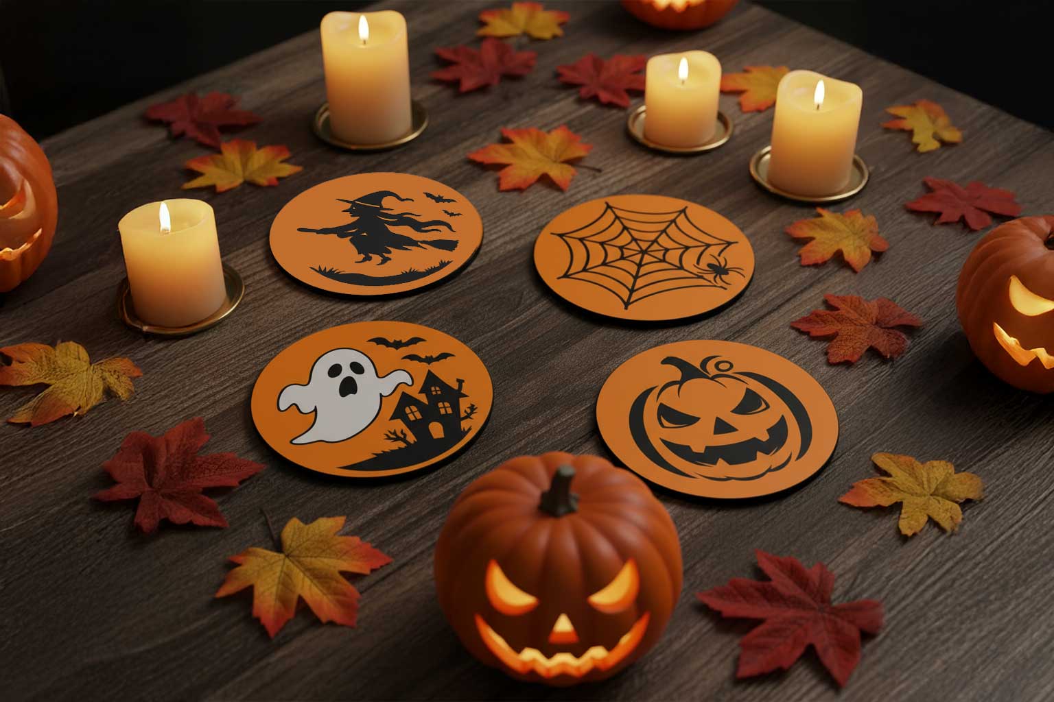 Halloween Untersetzer Set in Orange mit Motiven Kürbis, Hexe, Geist und Spinnennetz, dekoriert mit Kerzen, Kürbissen und Herbstlaub

