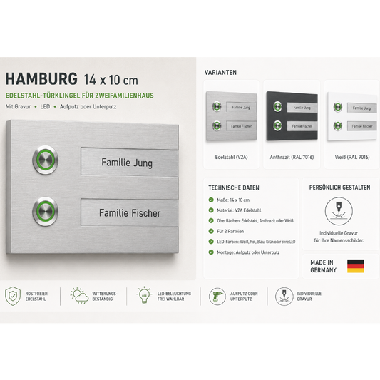 Infografik zur Hamburg 14 x 10 cm Zweifamilienhaus-Türklingel mit Varianten, technischen Daten und individueller Gravur