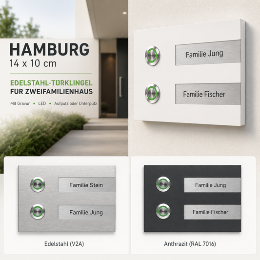 Hamburg 14 x 10 cm Edelstahl-Türklingel für Zweifamilienhaus mit eingelassenen Namensschildern in Edelstahl, Anthrazit und Weiß