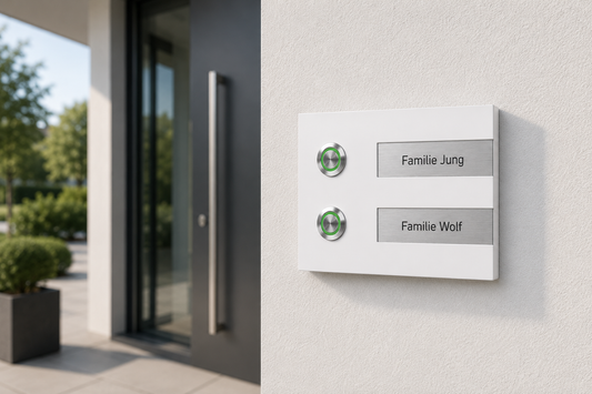 Weiße Hamburg 14 x 10 cm Zweifamilienhaus-Türklingel mit rechts bündig eingelassenen Edelstahl-Namensschildern