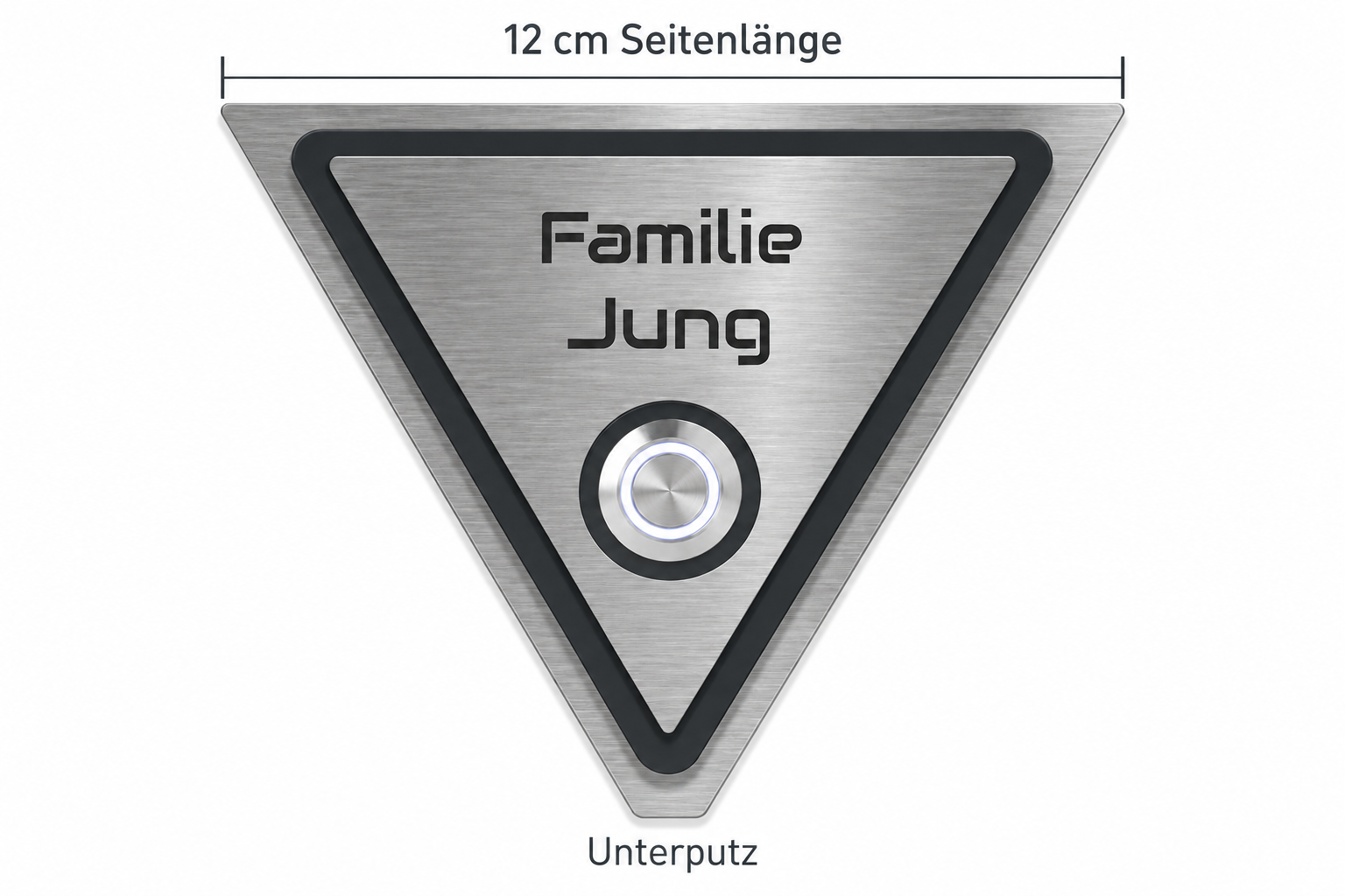 Größenangabe der dreieckigen Türklingel Hamm mit 12 cm Seitenlänge