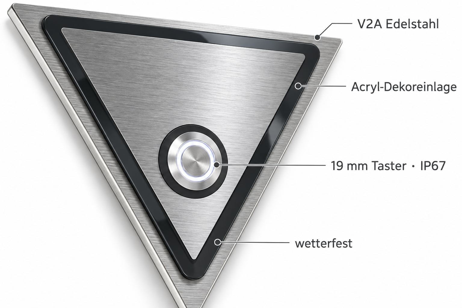 Materialdetail der Türklingel Hamm mit V2A Edelstahl, Acryl-Dekoreinlage und 19-mm-Taster