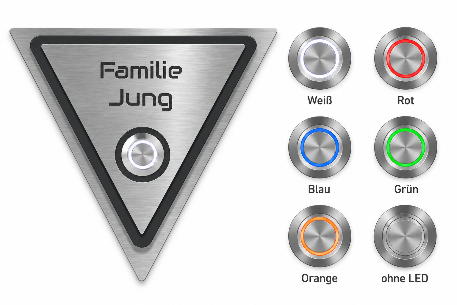 Tastervarianten der Türklingel Hamm in Weiß, Rot, Blau, Grün, Orange und ohne LED