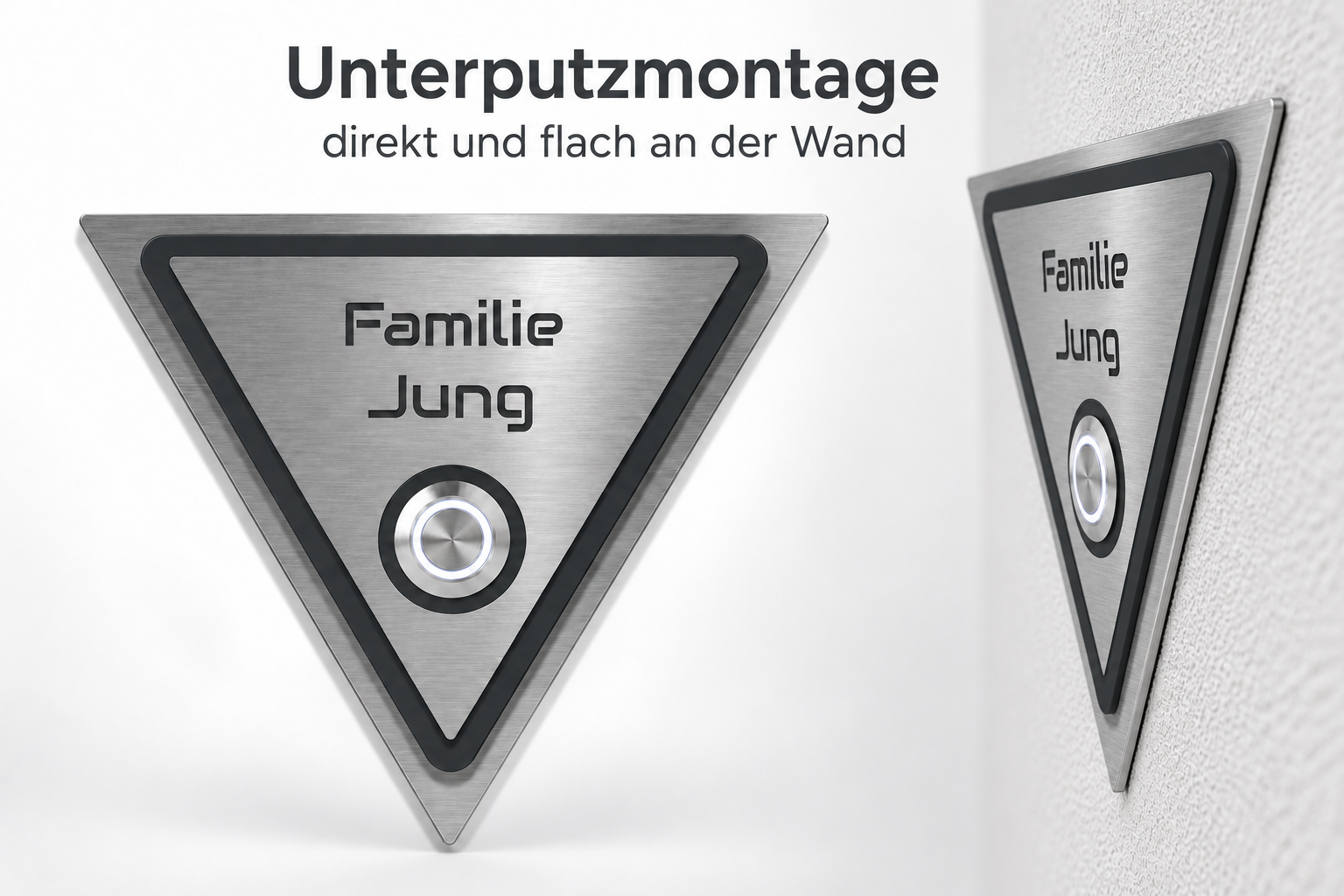 Unterputzmontage der dreieckigen Türklingel Hamm mit vollständiger V2A-Unterplatte