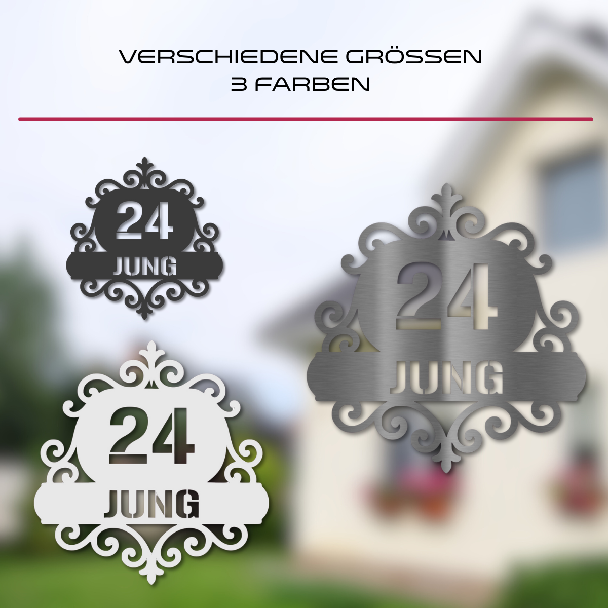 Vergleichsbild: Florale Hausnummer aus V2A Edelstahl in drei Varianten – unbeschichtet, weiß oder anthrazit pulverbeschichtet – in verschiedenen Größen
