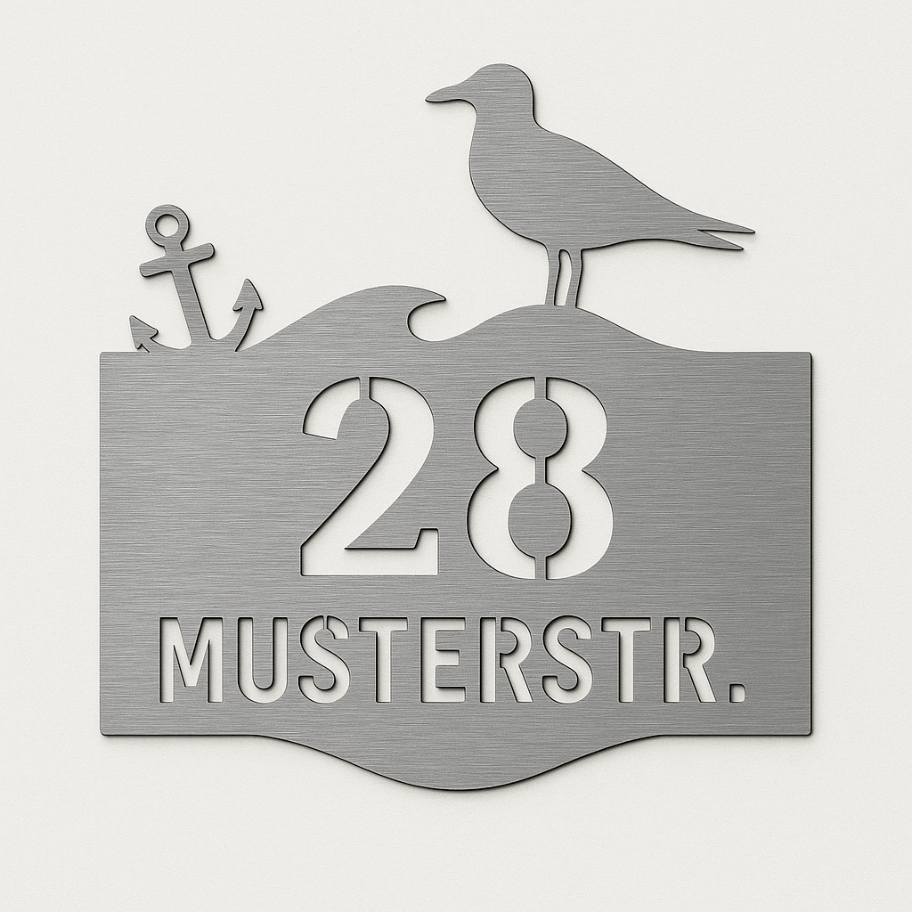 Maritimes Hausnummernschild aus geschliffenem V2A Edelstahl – mit Möwe, Welle und Anker – ausgelaserte Hausnummer und Straße in moderner Stencil-Schrift
