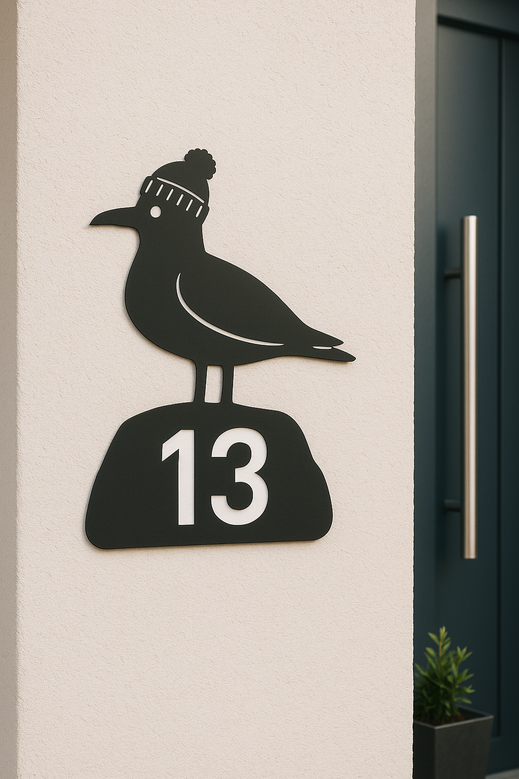 Seitlich fotografierte Möwen-Hausnummer 13 auf heller Putzwand neben Haustür mit Edelstahlgriff und Pflanzkübel.