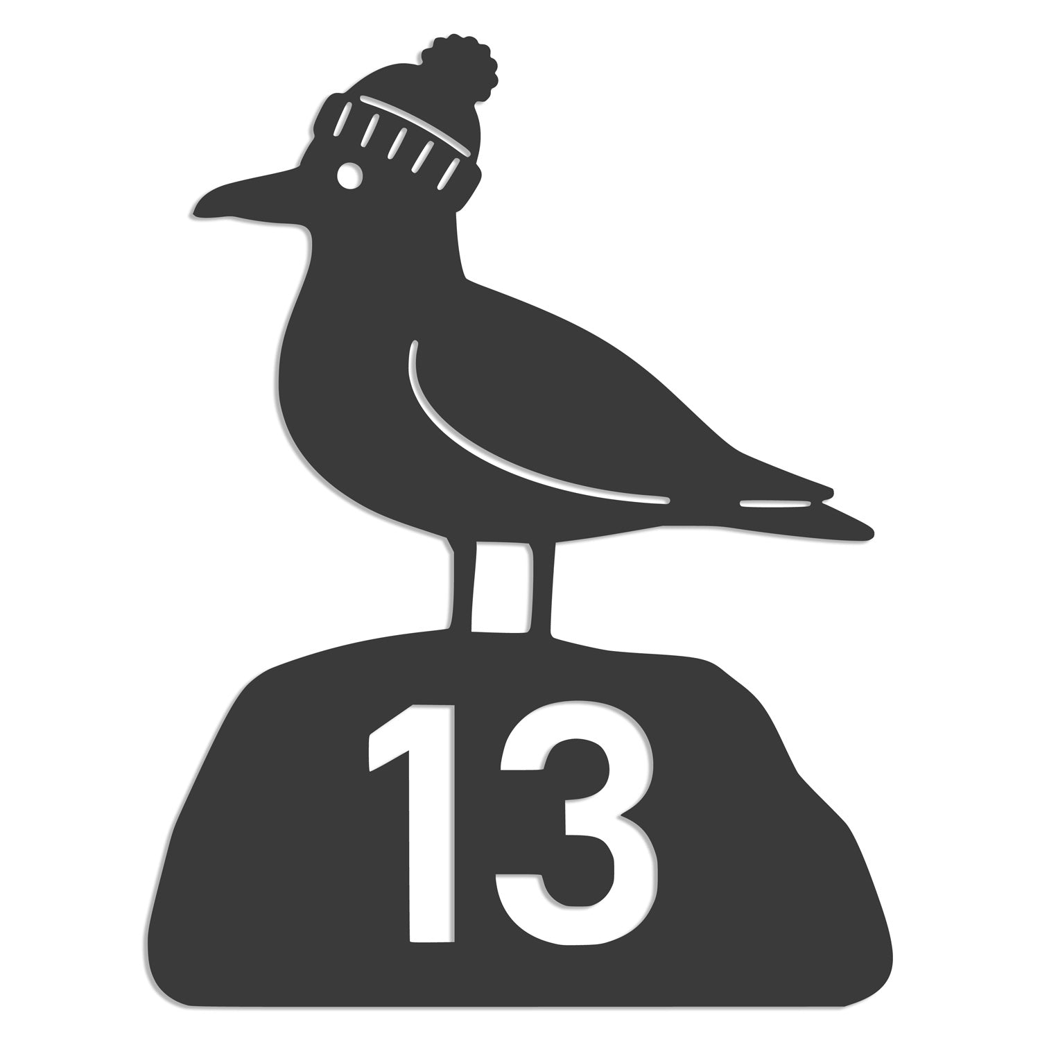Anthrazit Version der Möwen-Hausnummer mit Zahl 13, freigestellt auf weißem Hintergrund.