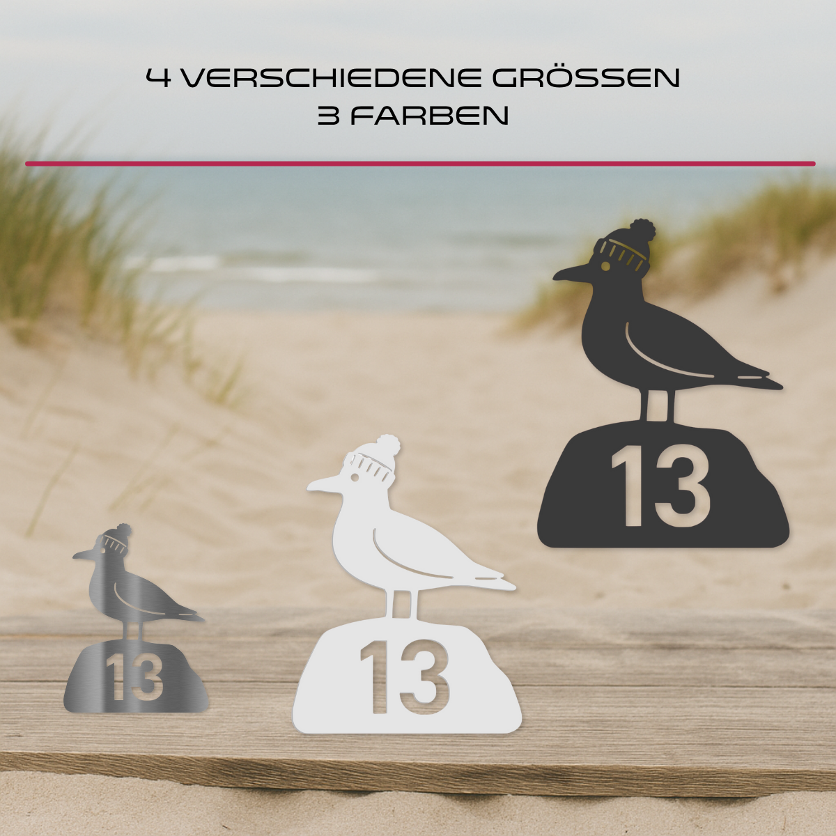 Drei Varianten der Möwen-Hausnummer in Schwarz, Weiß und Edelstahl auf Holzsteg vor Strandkulisse mit Text zu Größen und Farben.