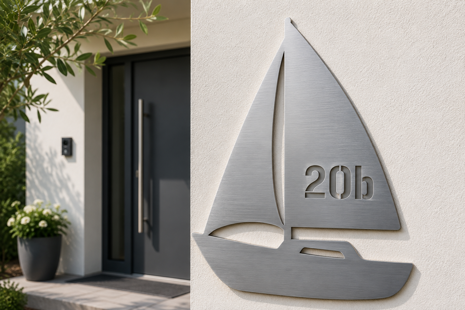 Hausnummer im Segelboot-Design aus gebürstetem Edelstahl an moderner Hauswand