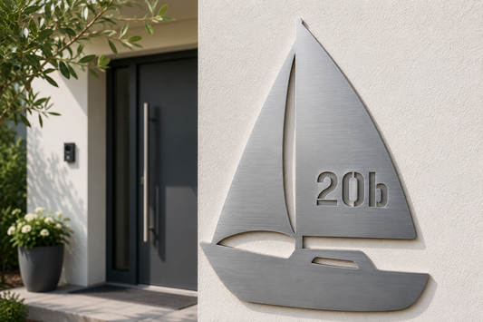 Hausnummer im Segelboot-Design aus gebürstetem Edelstahl an moderner Hauswand